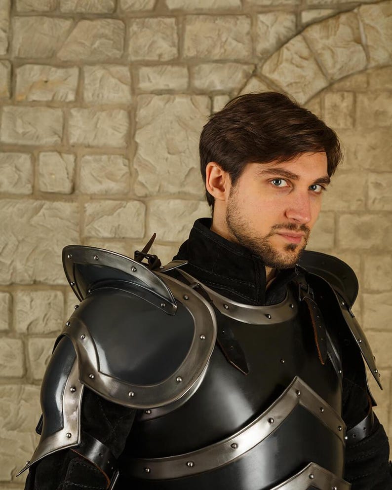 Side profile of Medieval Knight Full Armor Set showcasing blackened steel finish
