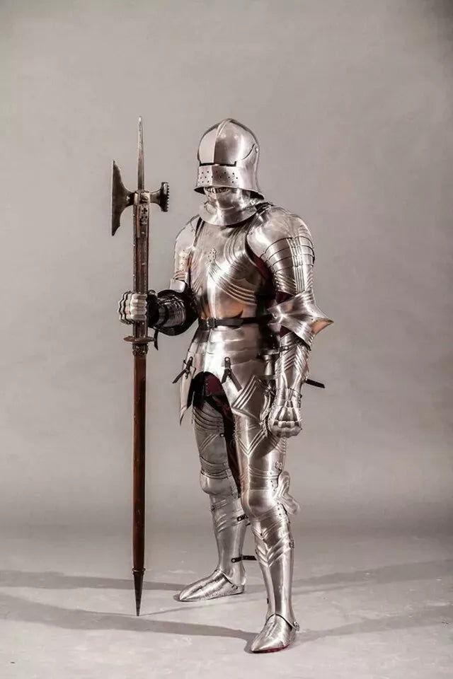 Close-up view of the Crusader-style helmet included with the medieval full body armor suit.