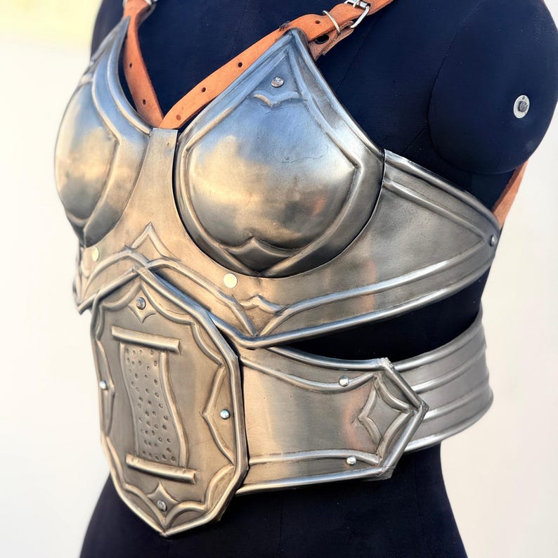 Rust-resistant finish on medieval knight steel lady armor, handmade for durability and style