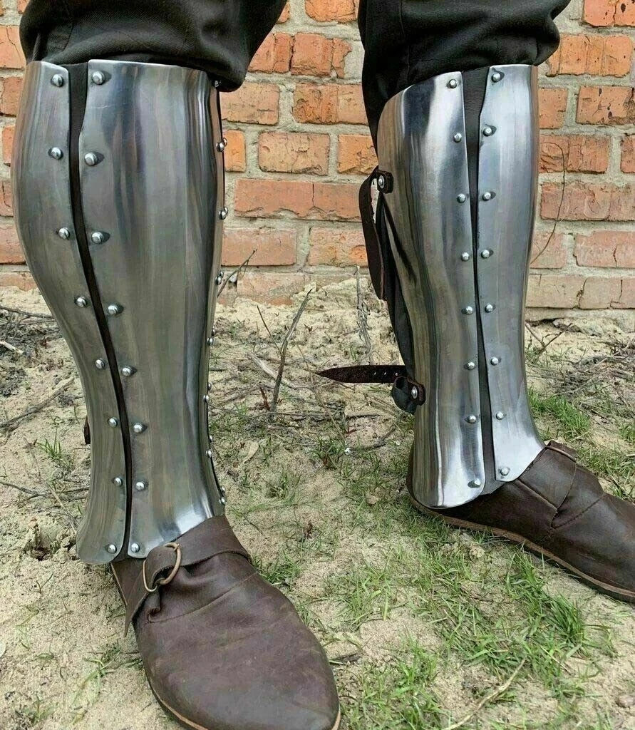 Medieval knight leg armor with functional steel greaves for LARP and cosplay use