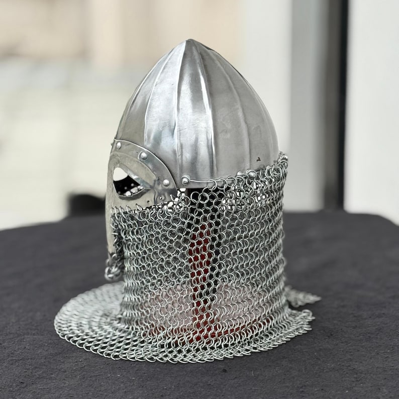 Display of Medieval Knight Norse Viking helmet, perfect for historical reenactments and collections