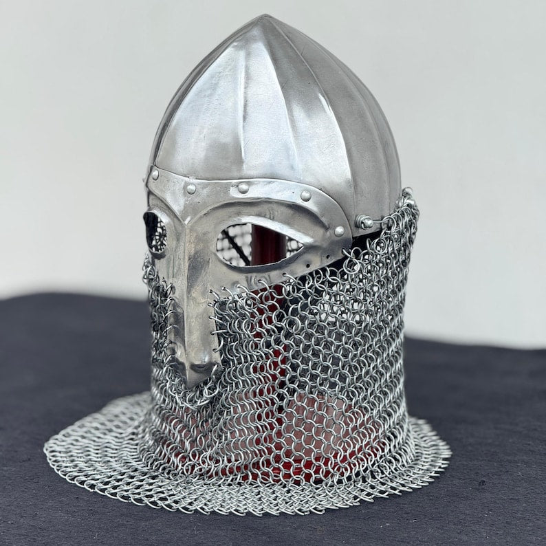 Side profile of Medieval Knight Norse Nikolskoe Viking helmet with distinctive conical shape