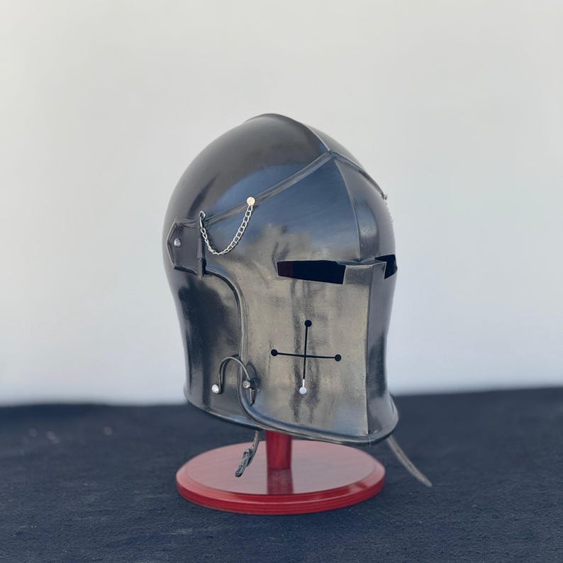 Front view of Medieval Knight Steel Barbuta Helmet for LARP and cospla
