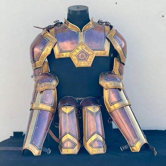 Medieval Knight Steel Dwarven Dwarf Half Body Armor Set front view with pauldrons and gorget