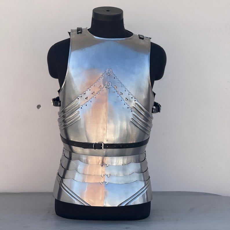 Front view of Medieval Knight Steel Gothic Cuirass Armor with silver finish for LARP and cosplay use.