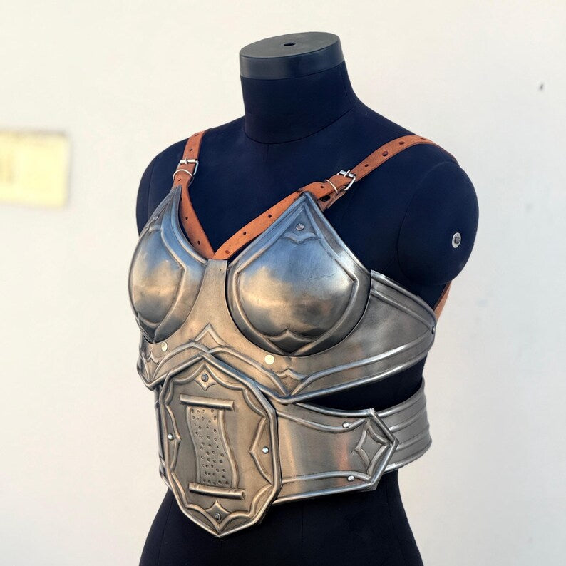 Adjustable leather straps on medieval knight steel lady armor for a customizable fit