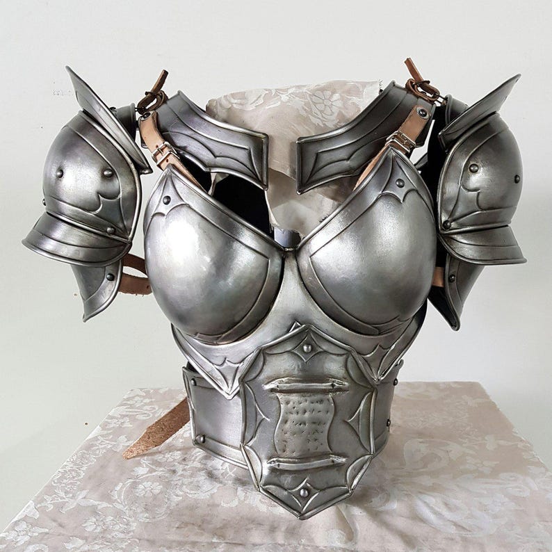 Front view of female knight steel corset armor for cosplay or LARP