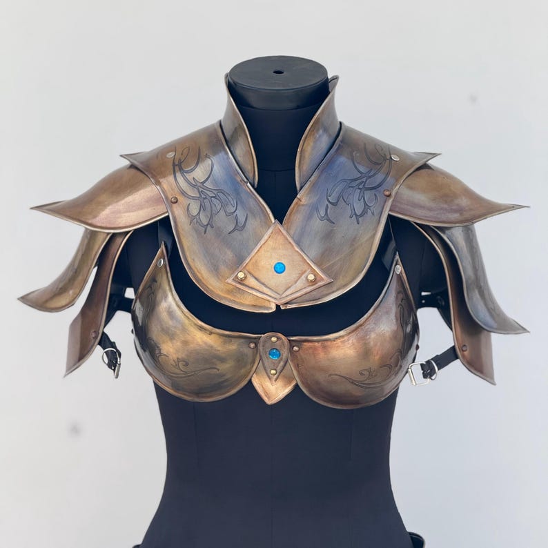 Medieval lady armor set including steel breastplate, skirt, and bracers for female warrior cosplay