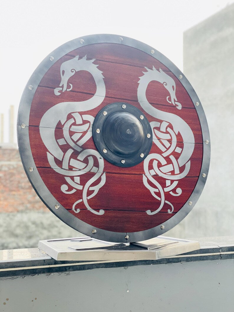 Medieval LARP Cosplay Shield – Viking Round Shield with Twin Dragon Artwork and Durable Materials