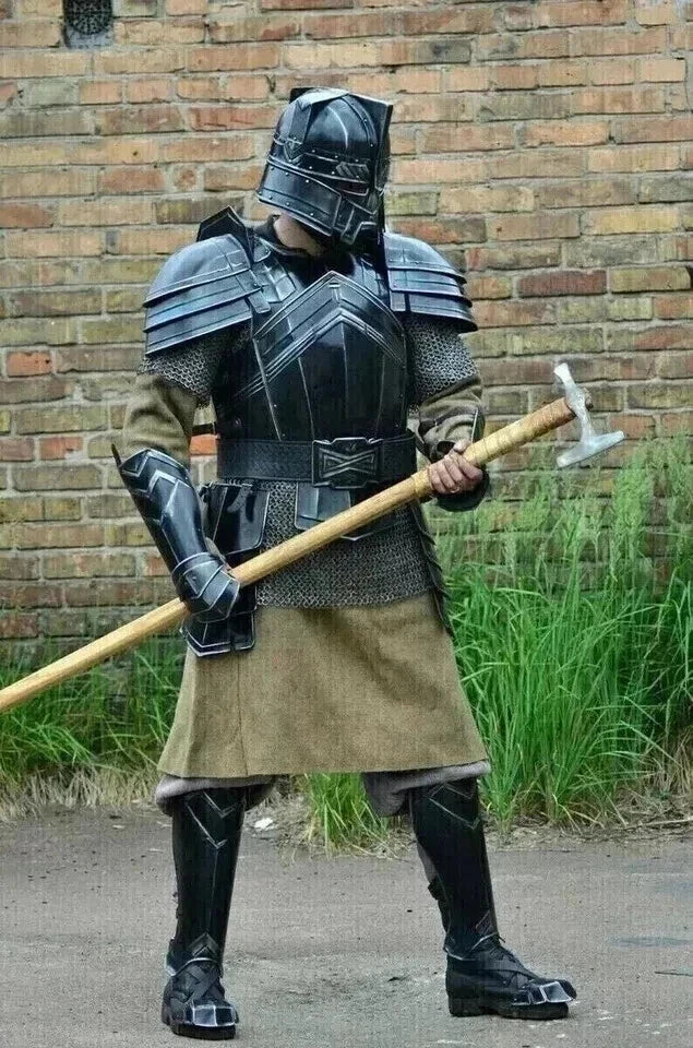 Back view of the Dwarf Moria medieval LARP knight armor suit showing leather straps and rear armor plating.