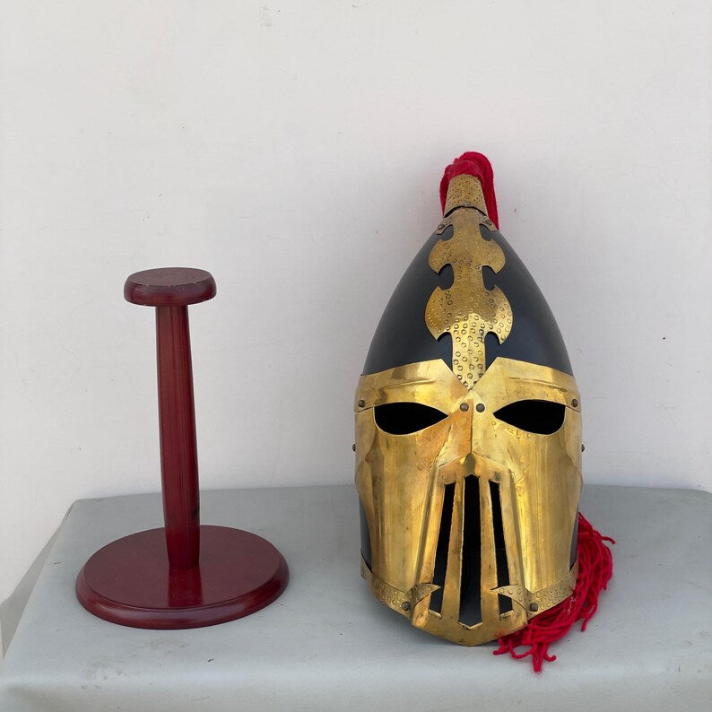 Rear view of medieval LOTR helmet replica with fantasy armor design