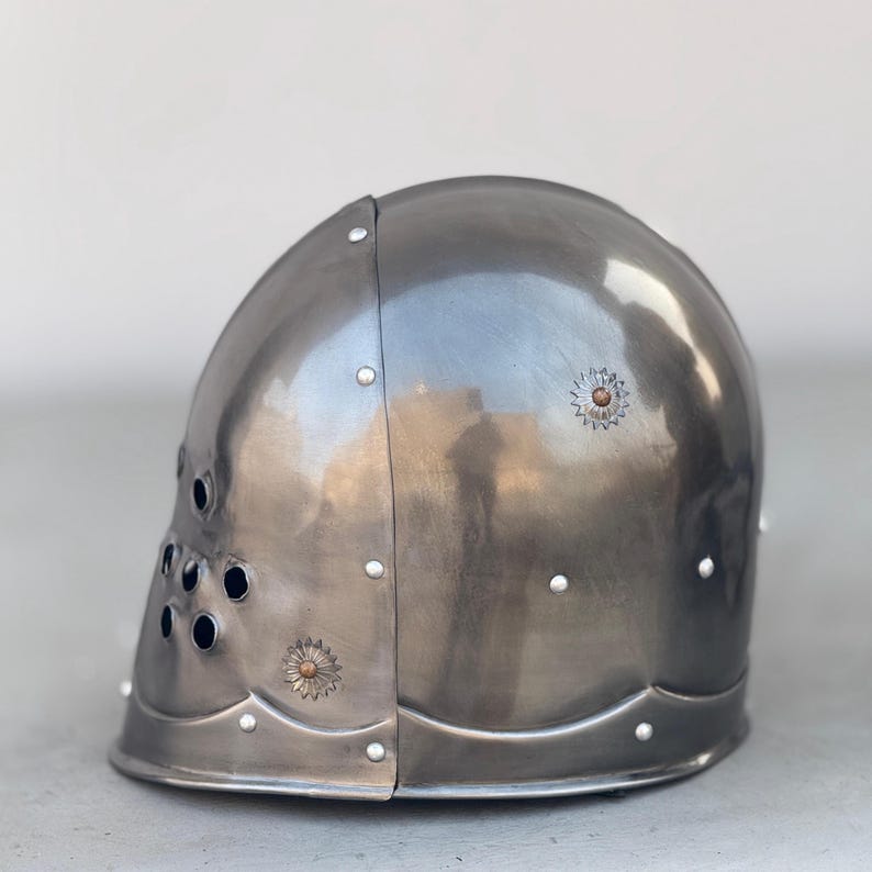 Close-up of steel medieval marauder helmet showcasing rust-free durable craftsmanship
