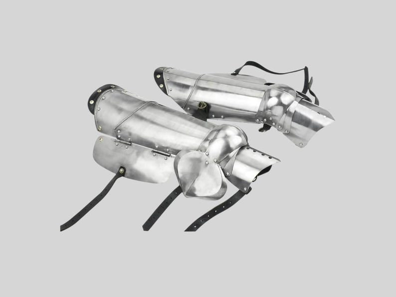 Front view of Medieval Polished Steel Knight Leg Armor Set with cuisse and poleyn