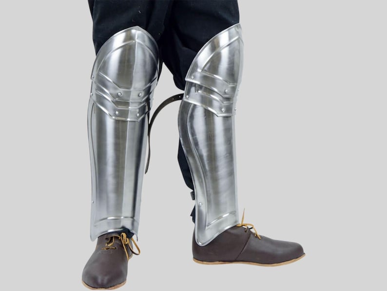 Medieval polished steel knight leg greaves front view for cosplay and LARP