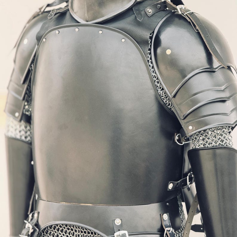 Display view of Black Templar knight armor suit ideal for medieval roleplay or fantasy events.