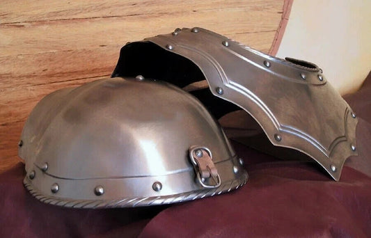 Side view of LARP medieval pauldrons and gorget steel armor replica by Artisans Hub
