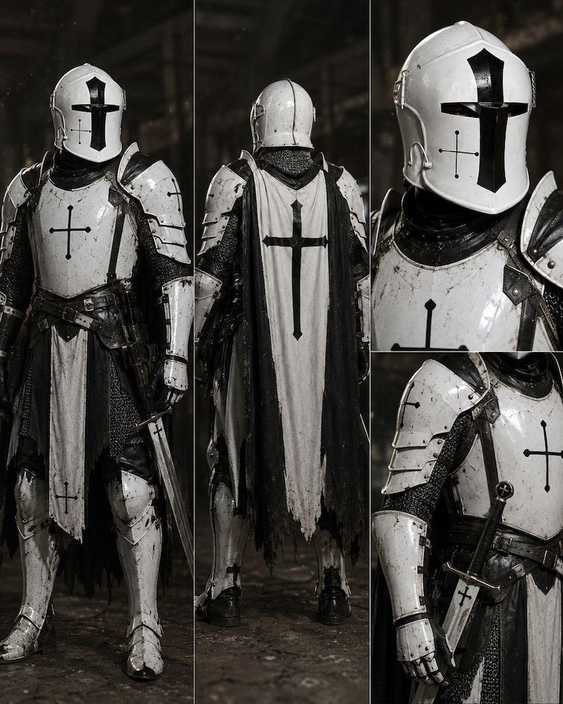 Medieval steel armor set with cape, Barbuta helmet, and full body protection designed for reenactment and cosplay use