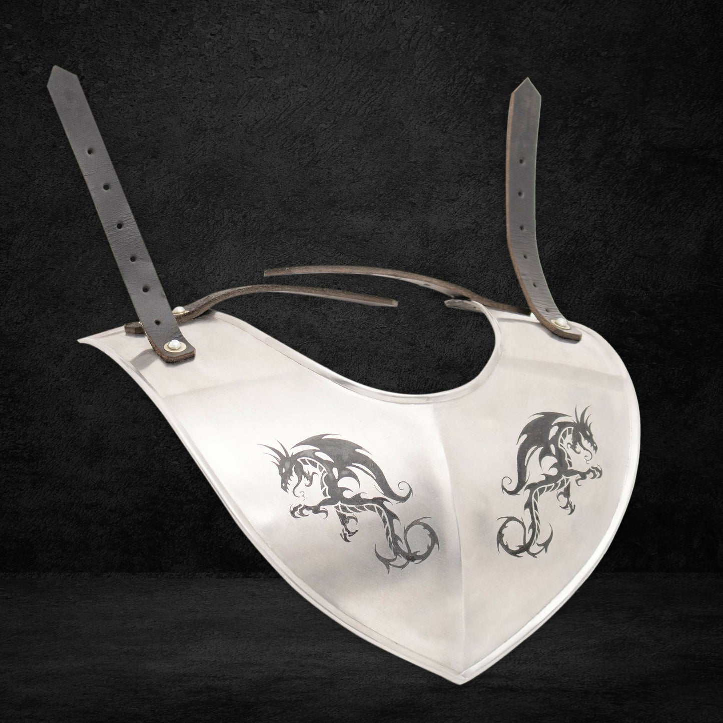 Front view of medieval knight steel gorget neck armor with dragon design by Artisans Hub