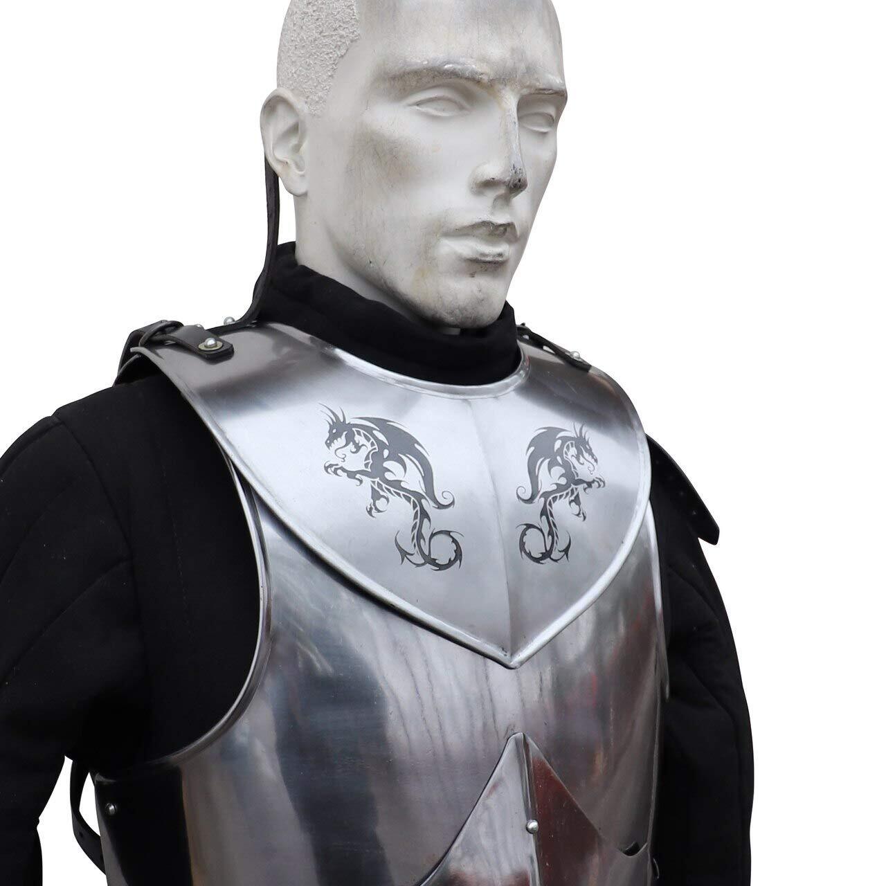 Model wearing medieval knight gorget neck armor with shoulder plate fit by Artisans Hub