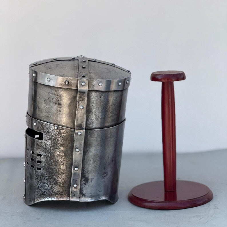 Medieval steel helmet with wooden stand included for display