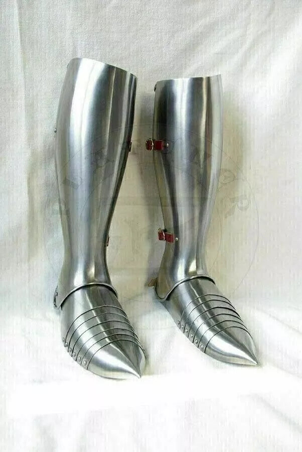 Medieval steel leg armor with greaves and sabatons for LARP and cosplay