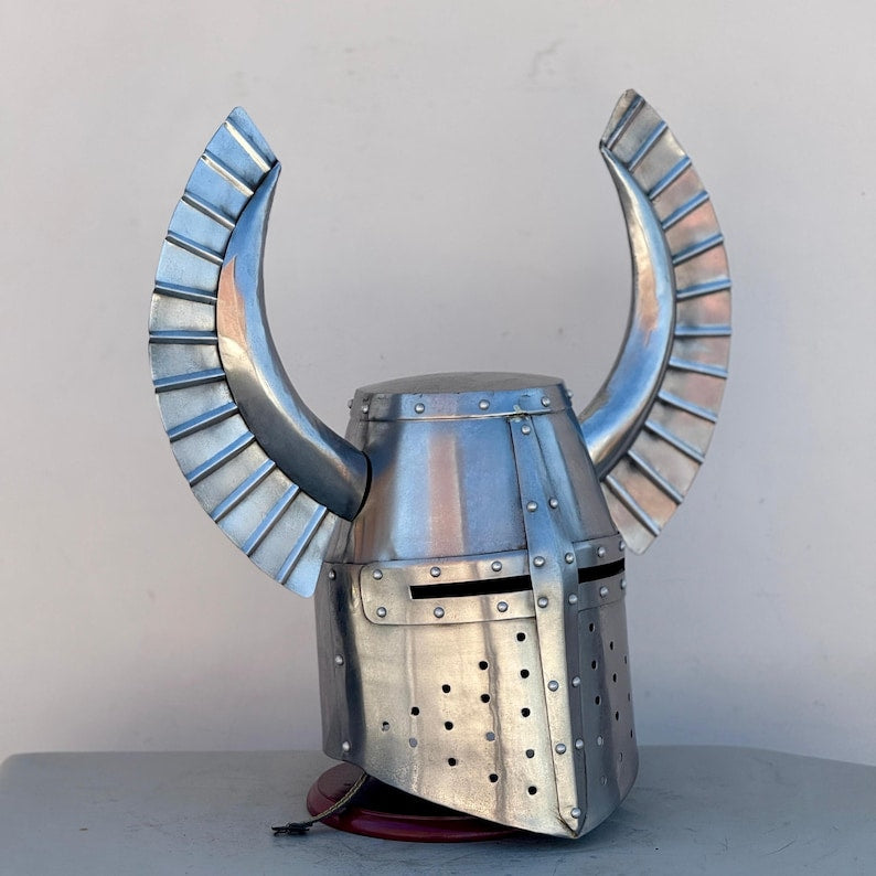 Side profile of medieval Templar helmet with brass cross, ideal for cosplay costume and reenactment