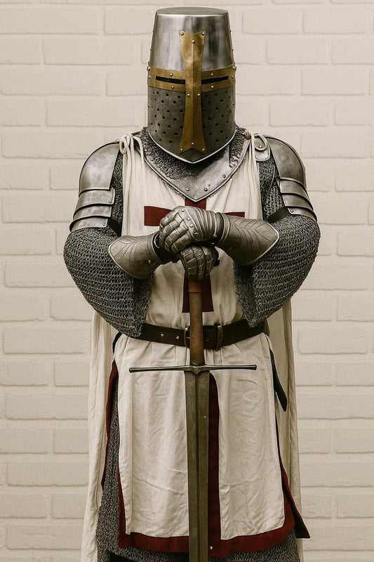 Front view of Medieval Templar Knight Full Armor Set with surcoat and steel helm