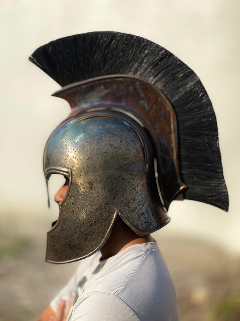 Side profile of Medieval Troy Achilles Helmet showing intricate armor detail