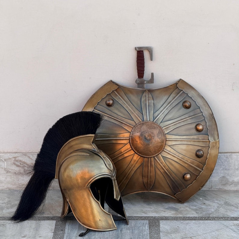 Medieval Troy Trojan Shield and Achilles Helmet knight costume set for cosplay and reenactments