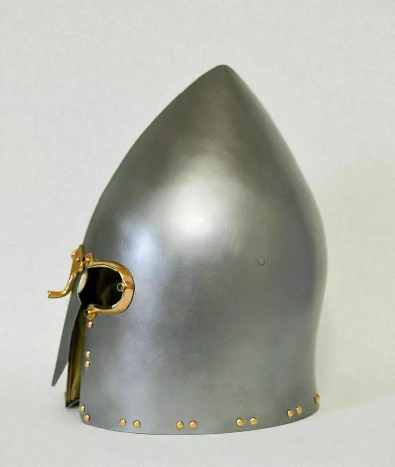 Side angle of 16-gauge steel medieval Viking helmet, ideal for decoration and collection