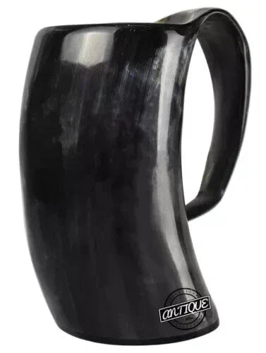 Close-up of the ox horn beer mug showing detailed craftsmanship and rustic design.