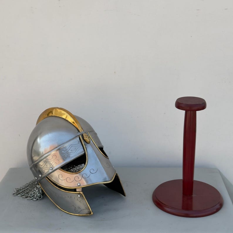 Back view of medieval Viking wolf helmet with steel construction and chainmail