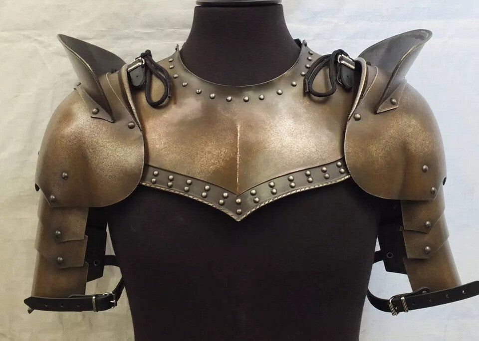 Front View of Medieval Warrior Pauldrons and Gorget Armor – Knight LARP Cosplay by Artisans Hub