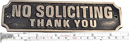 Modern Brass Door Sign with No Soliciting Thank You Message in Antique Finish