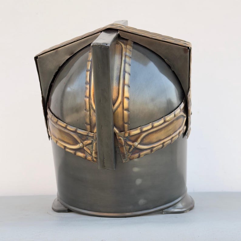 Rear view of Moria Dwarf cosplay helmet with chinstraps and leather lining