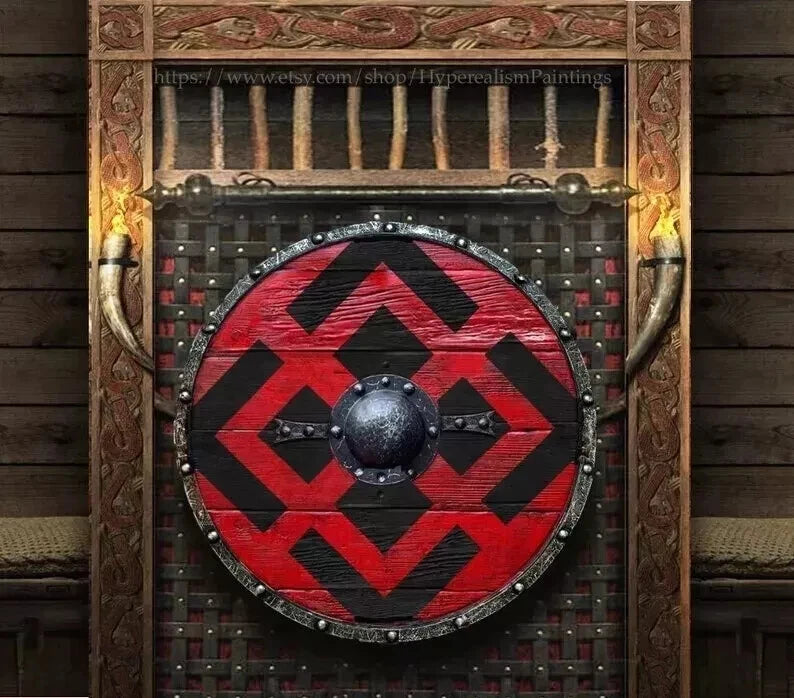 Close-up of heavy metal fittings and multi-colored design on Viking shield