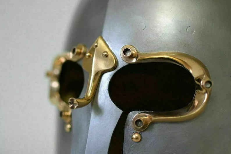 Top view of museum-quality Viking helmet made from 16GA steel with antique metal finish