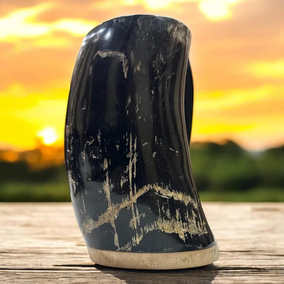 Real natural horn mug with polished wood base for leakproof use