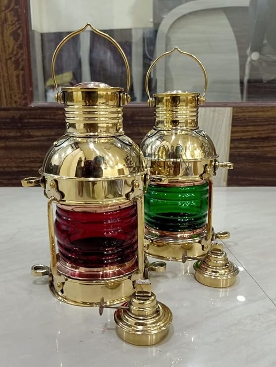 Nautical Oil Lantern with Green Fresnel Lens – Ideal Maritime Gift and Coastal Home Accent