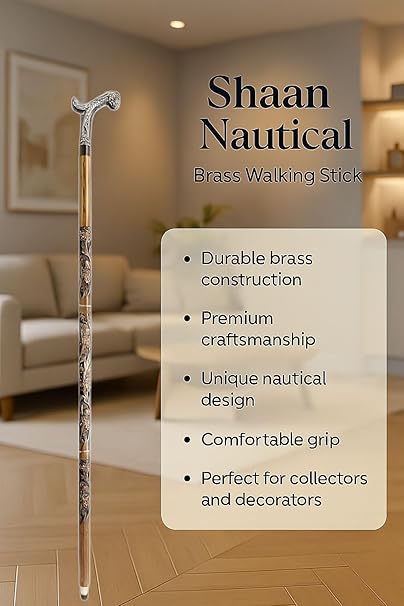 Nautical walking stick featuring brass globe handle and polished wood shaft