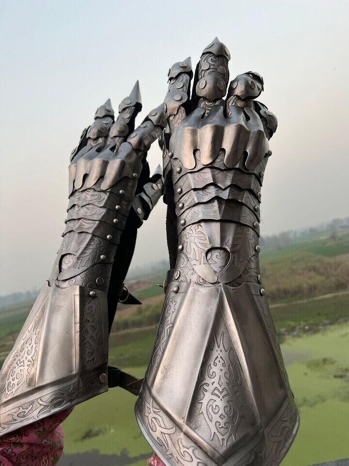 Detailed view of 16-inch Witch King gauntlets, black steel gloves available on request, handmade with careful finishing by Artisans Hub.
