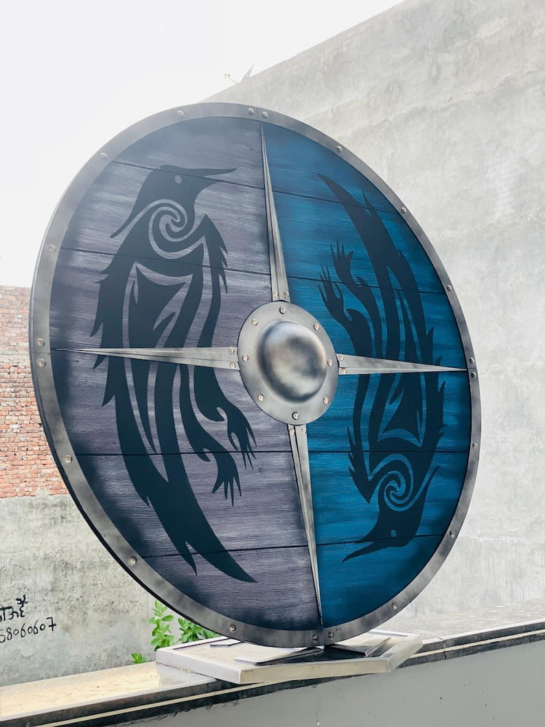 Norse Warrior Decor Raven Shield – Viking Wooden Shield with Valhalla Crow Design