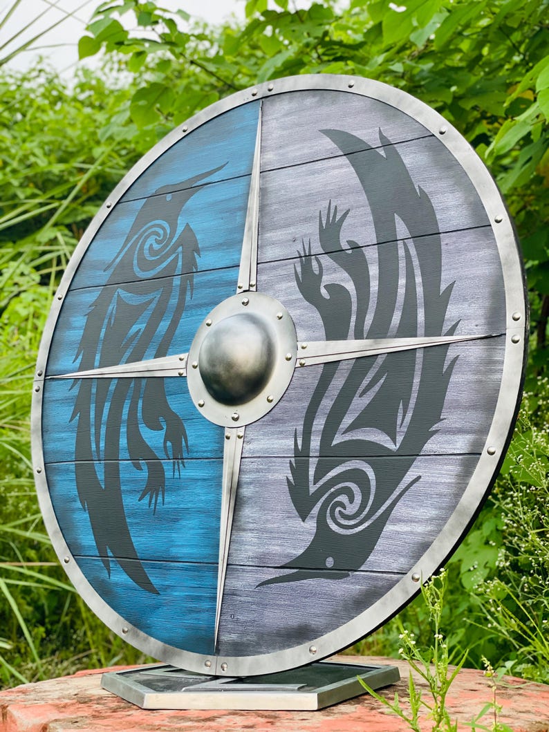 Norse Warrior Decor Shield mounted on wall showcasing raven motifs