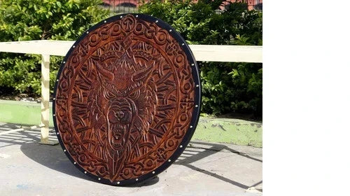 Decorative Norse wooden shield with painted wolf emblem for LARP or wall decor