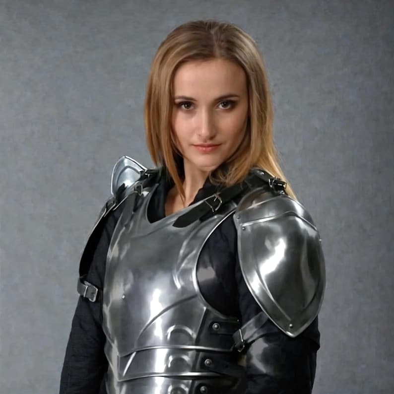 Medieval armor lady cosplay costume with leg greaves and pauldrons