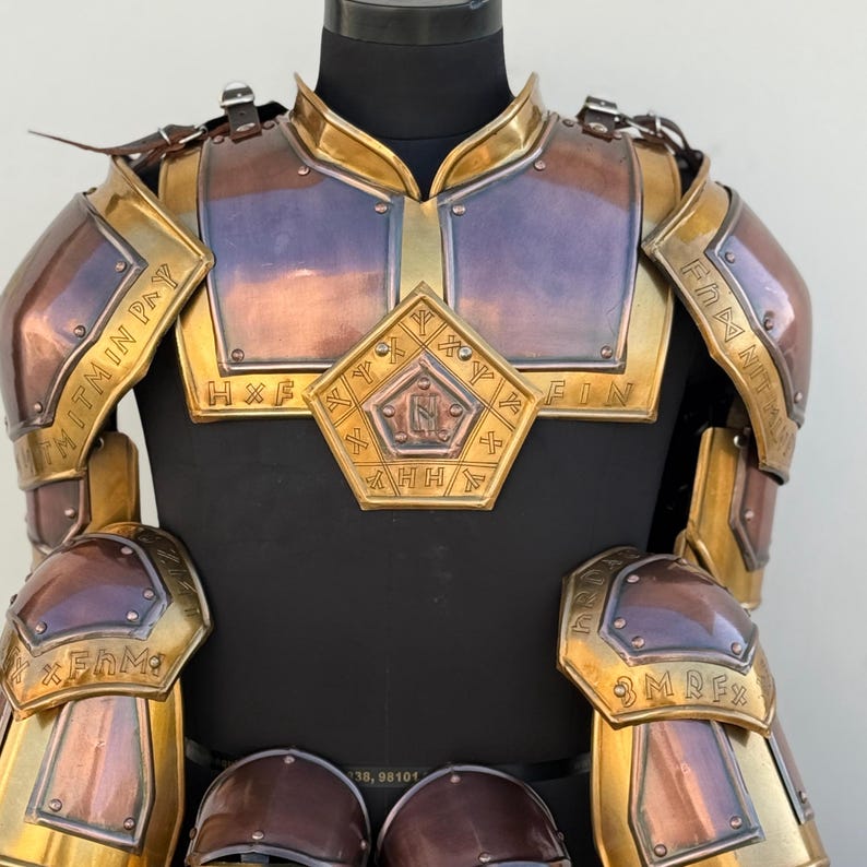 Detailed pauldrons and gorget of Medieval Knight Steel Dwarven armor set