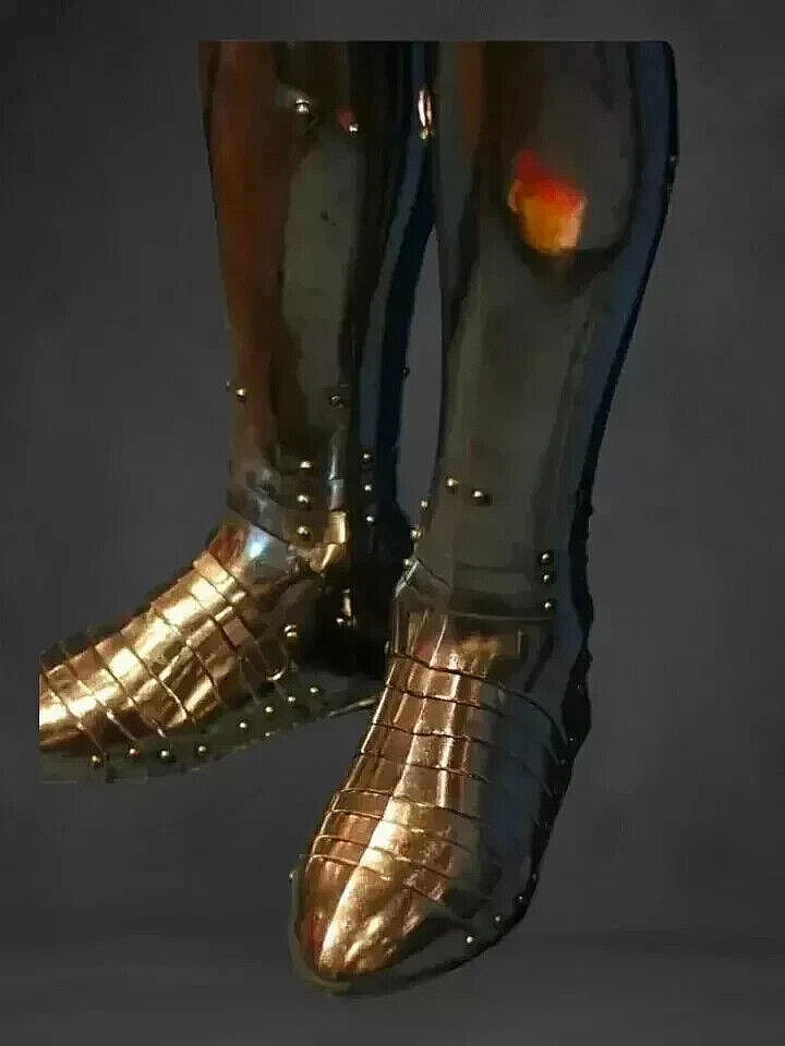 Detailed view of armored feet in Petersburg Brass Knight Suit – Steel Plated Foot Armor by Artisans Hub