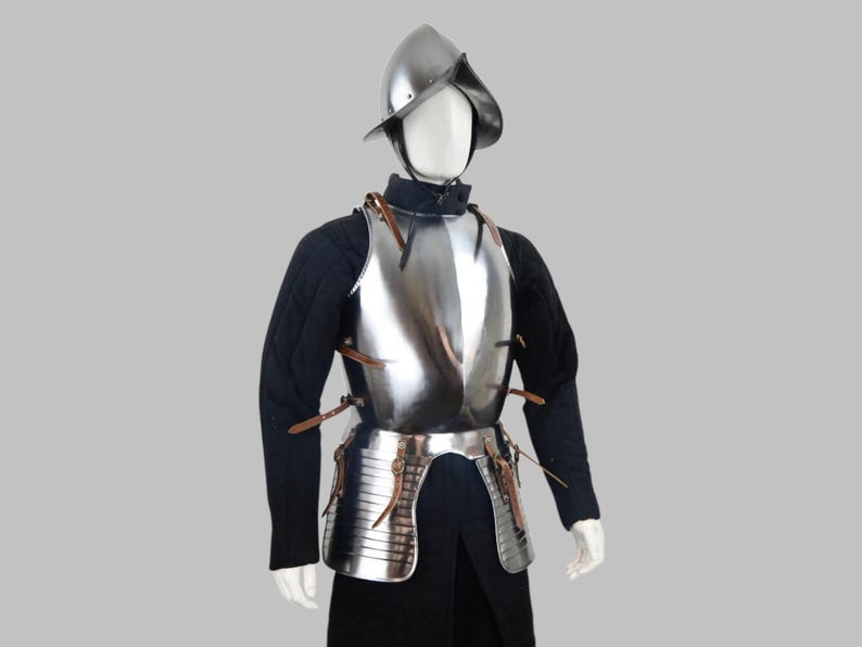 Pikeman’s armor set with Spanish helmet and steel breastplate for medieval cosplay and LARP