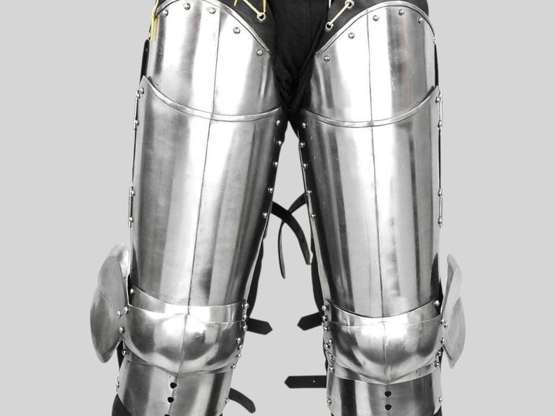 Full-length Medieval leg armor made from polished steel for LARP and cosplay