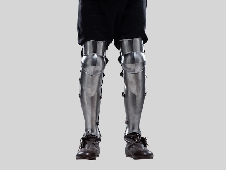 Polished steel leg greaves with knee protection for LARP and cosplay events